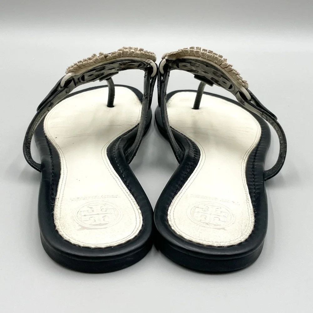 Tory Burch Miller Fringe Sandals Womens 9M Black White Leather Logo Thong Flats